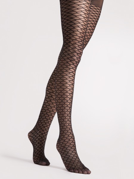 Semi-transparante panty met geometrisch motief in netoptiek van Fiore