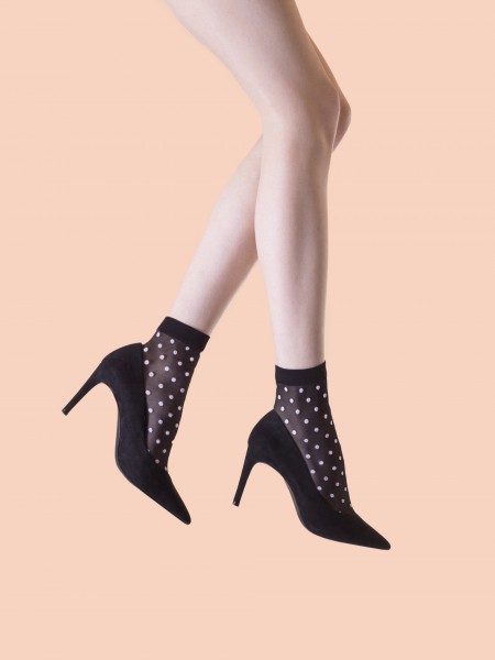 Elegante fijne sokjes met pastelkleurige stippen en een zwarte boord van Fiore, 20 DEN