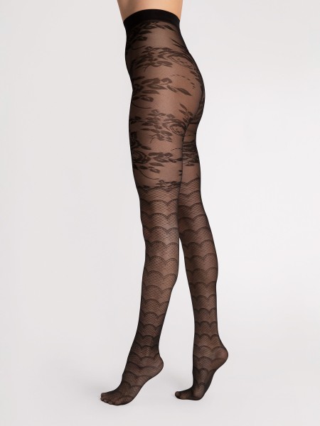 Over de knie panty met geometrisch kantpatroon en bloemenmotief van Fiore